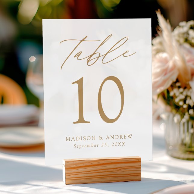 Modern Elegant Gold Script Wedding Table Number Acrylic Sign (Please note: The wooden stand does not come with the sign. Zazzle sells a wood block stand.)