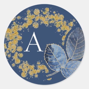 Modern Elegant Gold Sparkle Blue Monogram Initial Classic Round Sticker