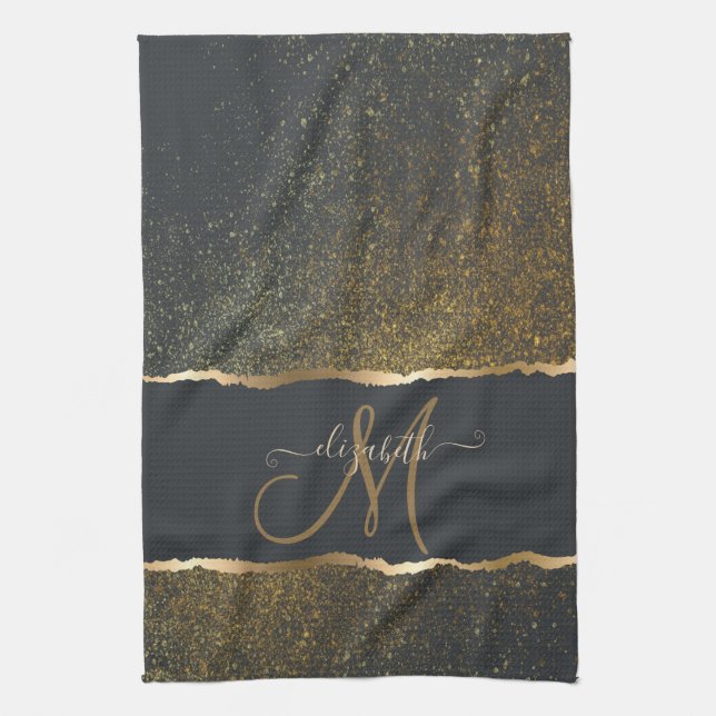 Modern Elegant Gold Touch Monogram Kitchen Towel (Vertical)
