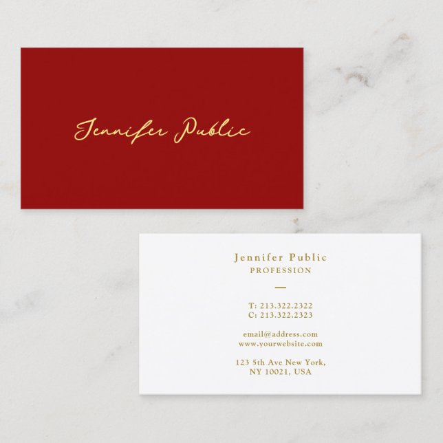 Modern Elegant Gold Typography Script Text Red Business Card (Front/Back)