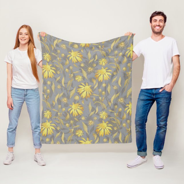 Modern Elegant Gold Yellow Grey Cone Flowers Fleece Blanket (In Situ)