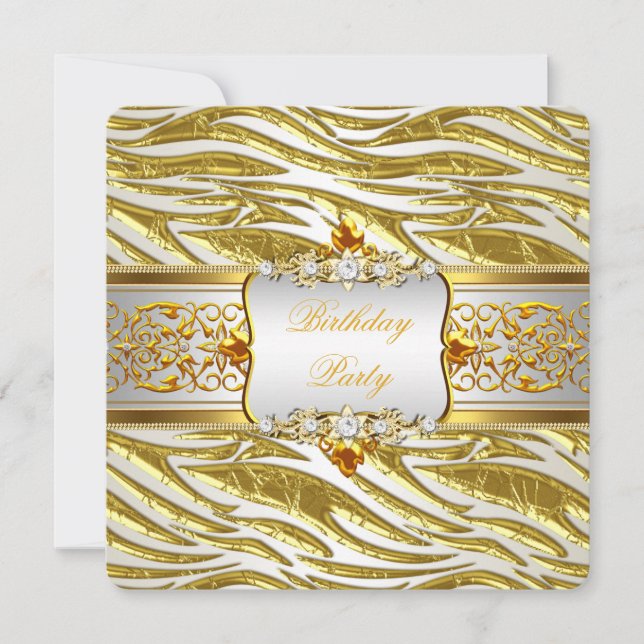 Modern Elegant Gold Zebra White Birthday Party Invitation (Front)