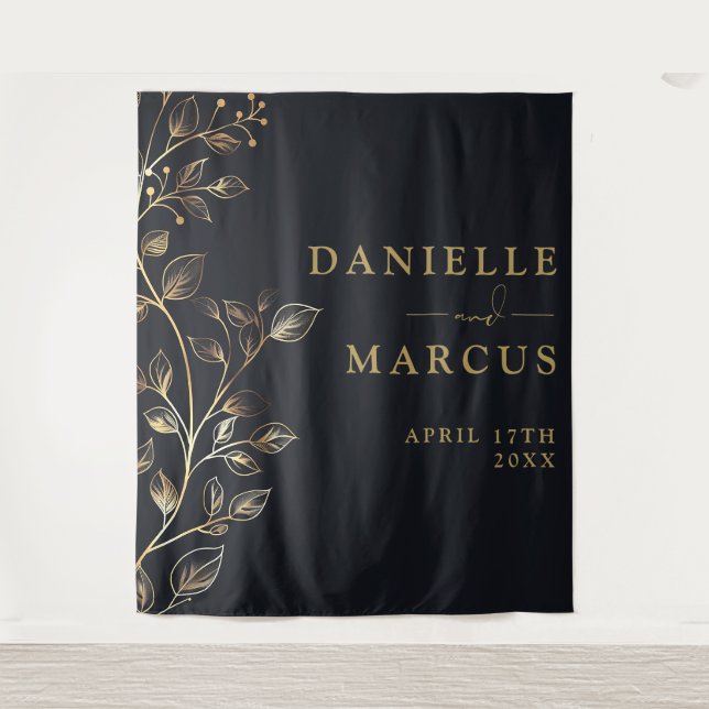 Modern Elegant Golden Floral Wedding Backdrop Tapestry (Front)