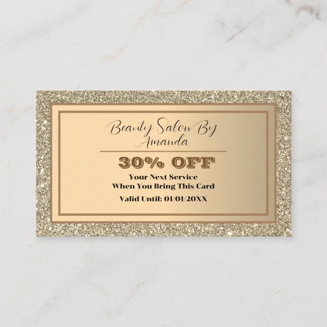 Modern Elegant Golden Foli Glitter Glamourous Salo Discount Card (Front)