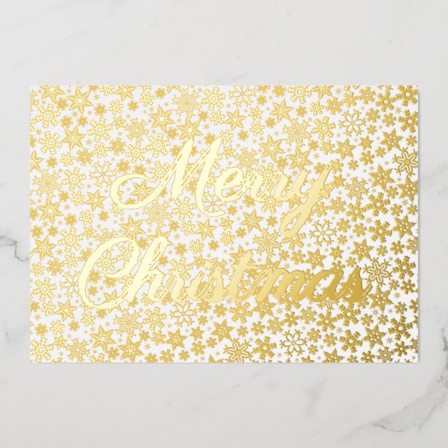 Modern elegant golden snowflakes Merry Christmas Foil Holiday Card (Front)