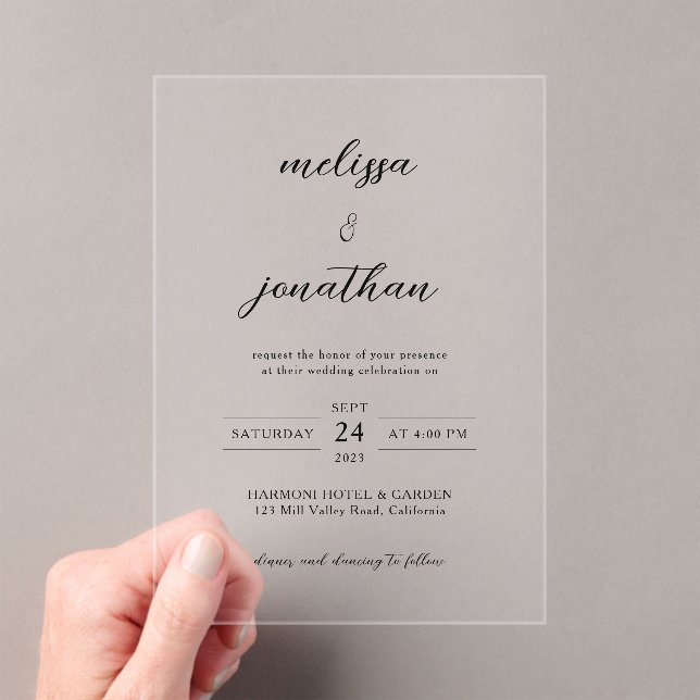 Modern Elegant Graceful Black Script Clear Wedding Acrylic Invitations (Insitu (Handheld))