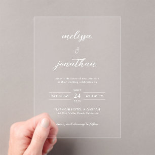 Modern Elegant Graceful White Script Clear Wedding Acrylic Invitations