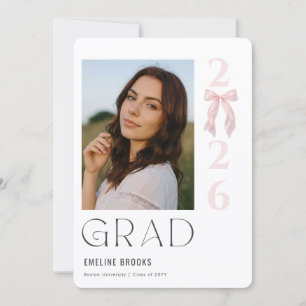 Modern Elegant Grad Photo Pink Bow Graduation Announcement