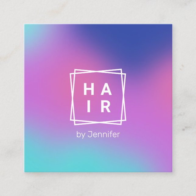 Modern elegant gradient colorful holographic hair square business card (Front)