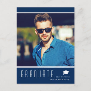 Modern Elegant Graduate Photo Blue Announcement Postcard