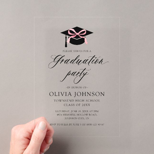 Modern Elegant Graduation Cap Pink Bow Graduation  Acrylic Invitations (Insitu (Handheld))