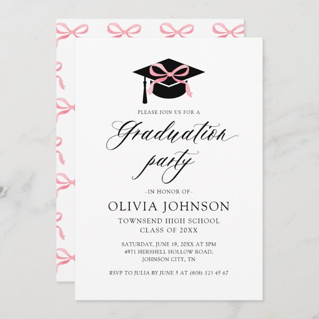 Modern Elegant Graduation Cap Pink Bow Graduation  Invitation (Front/Back)
