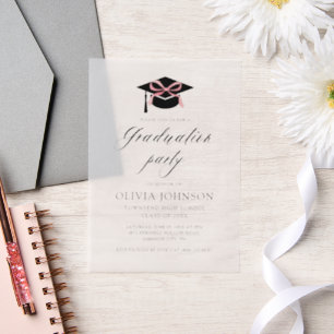 Modern Elegant Graduation Cap Pink Bow Graduation Vellum Invitations
