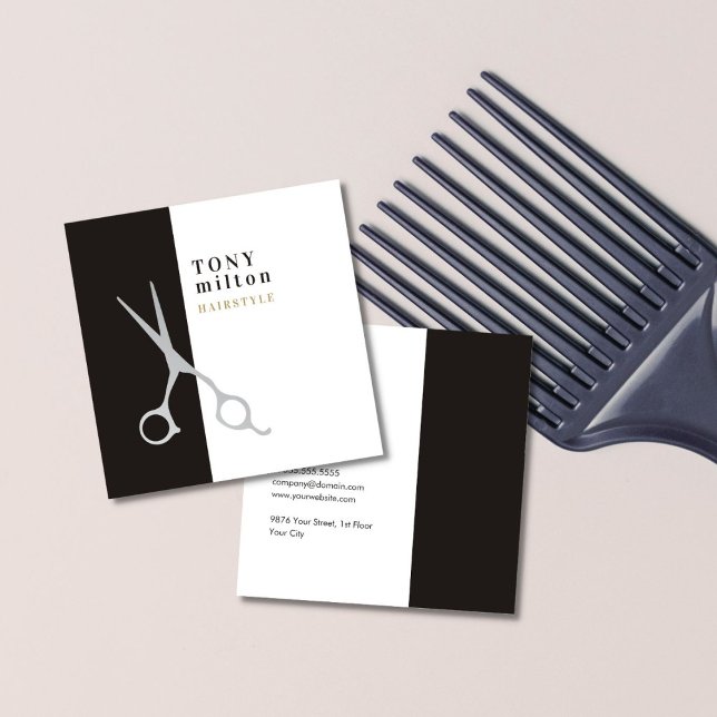 Modern Elegant Gray White Stripes Hair Stylist Square Business Card (Creator Uploaded)