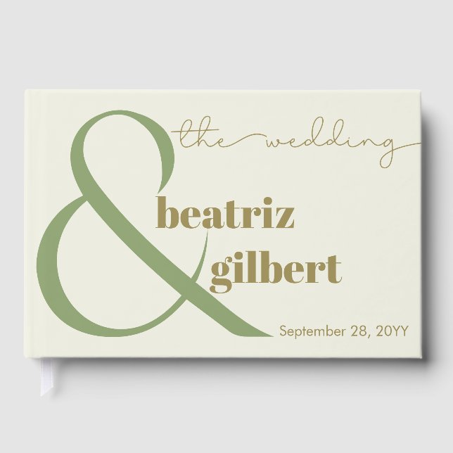 Modern Elegant Green and Cream Ampersand Wedding Guest Book (Front)