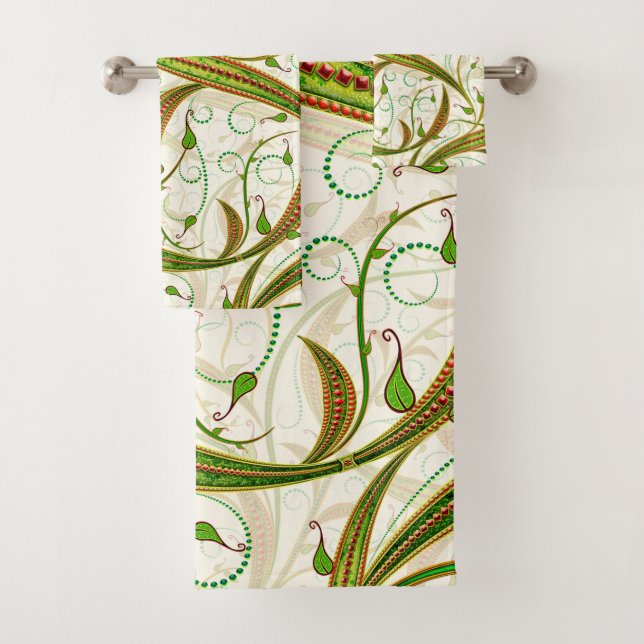 Modern Elegant Green Brown Swirls Pattern  Bath Towel Set (Insitu)