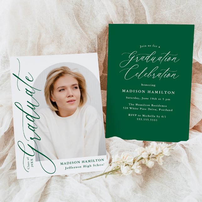 Modern Elegant Green Calligraphy Photo Graduation Invitation (Creator Uploaded)