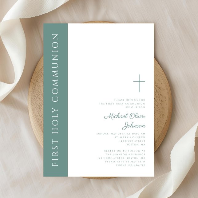 Modern Elegant Green Cross Boy First Communion Invitation (Modern Elegant Green Cross Boy First Communion Invitation)