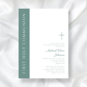Modern Elegant Green Cross Boy First Communion Invitation