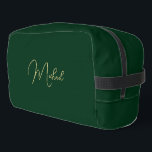 Modern Elegant Green Gold Monogram Travel Cosmetic Dopp Kit<br><div class="desc">Create your own custom, personalized, beautiful modern elegant faux gold script / typography monogram monogrammed, durable Polyester Poplin, sturdy polyester fabric mens womens kids solid plain dark forest green cosmetic makeup toiletry organizer golf beach accessory gym travel dopp kit bag pouch with a zippered closure, two interior mesh pockets -...</div>