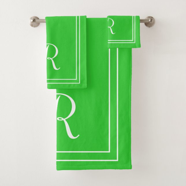 Modern Elegant Green Lime & White Monogram Bath Towel Set (Insitu)