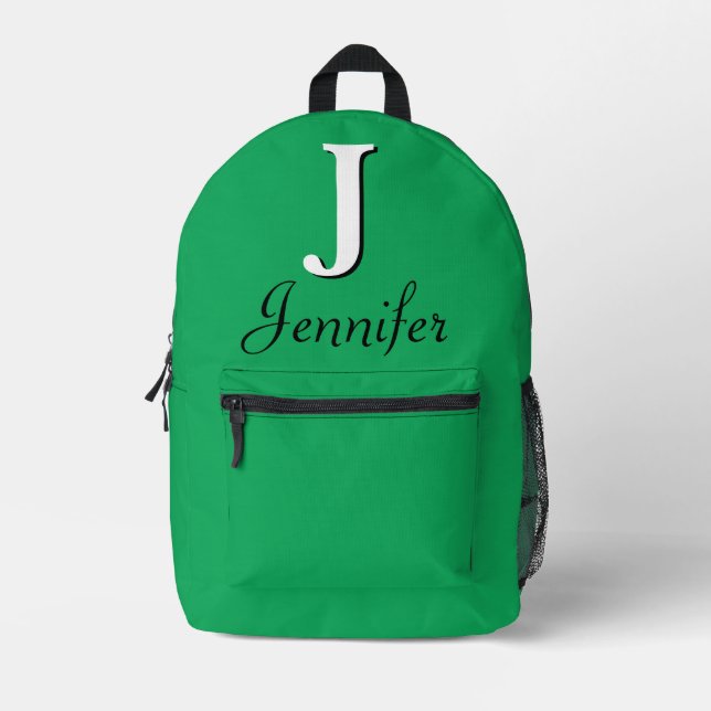 Modern Elegant Green Monogram Printed Backpack (Front)