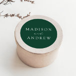 Modern Elegant Green Personalized Wedding Classic Round Sticker<br><div class="desc">Seal your invitation envelopes or favours with our elegant wedding stickers. The custom wedding stickers feature your names in a white calligraphy script with a green background or colour of your choice. Design coordinates with our Modern Elegance wedding collection.</div>