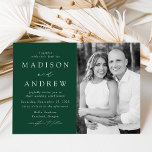 Modern Elegant Green Photo Wedding Invitation<br><div class="desc">Modern photo wedding invitation featuring your wedding details on the left of the design in white lettering with calligraphy script accents on a dark green background. Personalize the front of the invite by adding your names, wedding details, and vertical engagement photo. The back of the invite provides space for additional...</div>