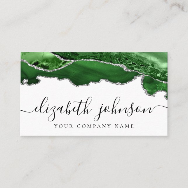 Modern Elegant Green Silver Glitter Agate Marble Business Card (Front)