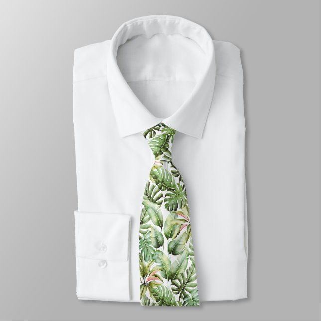 Modern elegant green tropical watercolor leaves tie (Tied)