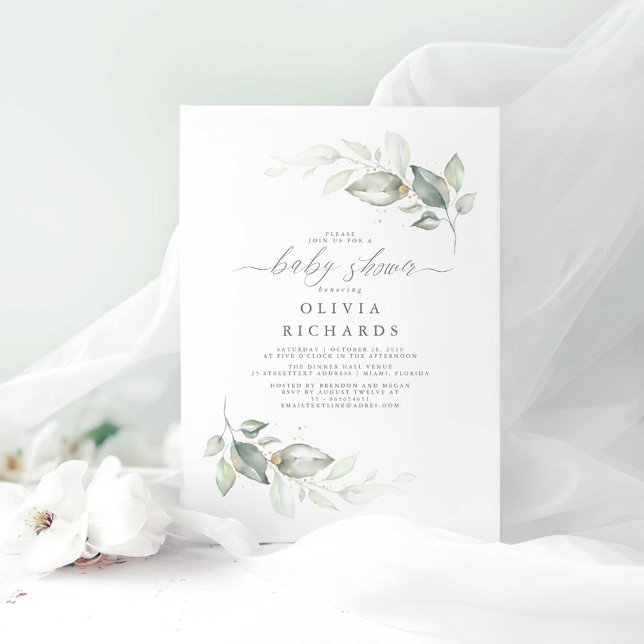 Modern Elegant Greenery Cute Baby Shower Invitation (Minimalist Greenery Elegant Baby Shower Invitations)