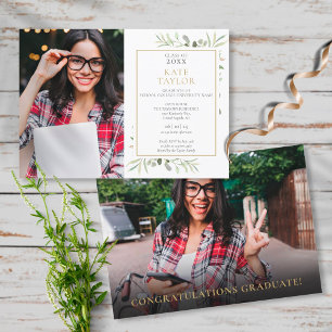 Modern Elegant Greenery Photo Graduation  Invitation