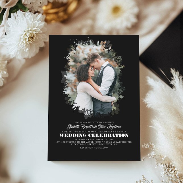 Modern Elegant Greenery Photo Overlay Wedding Invitation (Black Wedding Photo Invitations)