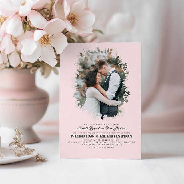 Modern Elegant Greenery Photo Overlay Wedding Invitation (Pink Wedding Photo Invitations)