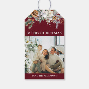 Modern Elegant Greenery & Photo   Red Christmas Gift Tags