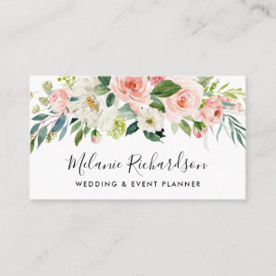 Modern Elegant Greenery Pink Blush Floral Business Card