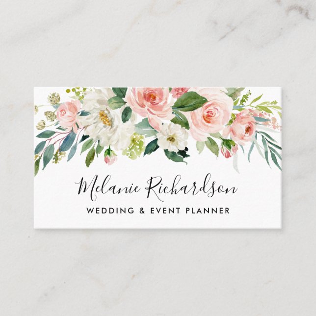 Modern Elegant Greenery Pink Blush Floral Business Card (Front)