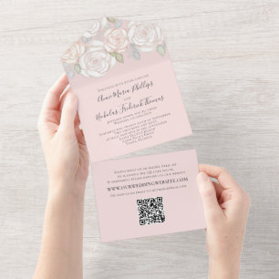 Modern Elegant Greenery Watercolor Floral QR Code All In One Invitation