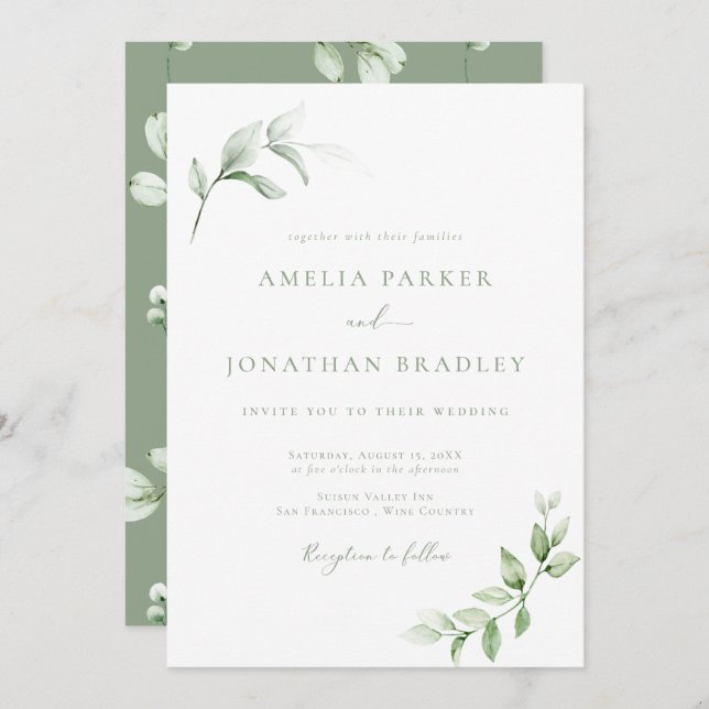 Modern Elegant Greenery Wedding Invitations (Front/Back)