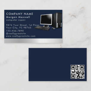 Modern Elegant Grey Blue Circuit Computer  qr code Business Card