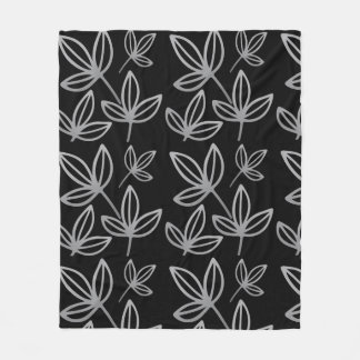 Modern Elegant Grey Leaves Black Fleece Blanket