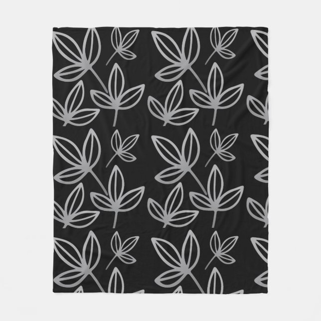Modern Elegant Grey Leaves Black  Fleece Blanket (Front)