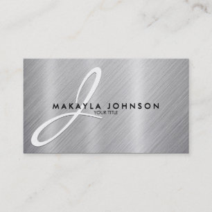 Modern & Elegant Grey Monogram Brushed Aluminum Business Card