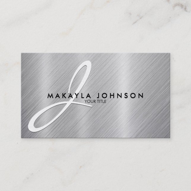 Modern & Elegant Grey Monogram Brushed Aluminum Business Card (Front)