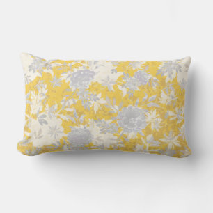 Modern Elegant Grey Mustard Yellow Marigold Floral Lumbar Pillow