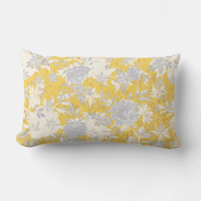 Modern Elegant Grey Mustard Yellow Marigold Floral Lumbar Pillow (Front)