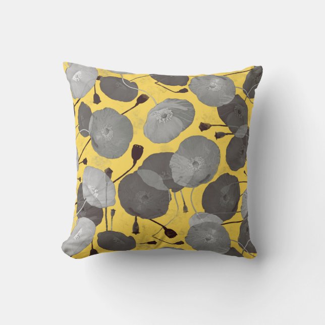 Modern Elegant Grey Poppy Flowers Mustard Yellow Throw Pillow (Front)