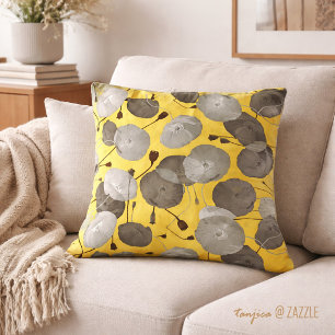 Modern Elegant Grey Poppy Flowers Mustard Yellow Throw Pillow