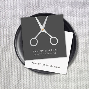 Modern Elegant Grey Silver Scissors Hair Stylist Square Business Card