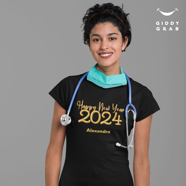 Modern Elegant Happy New Year 2024 Black T-Shirt (Creator Uploaded)